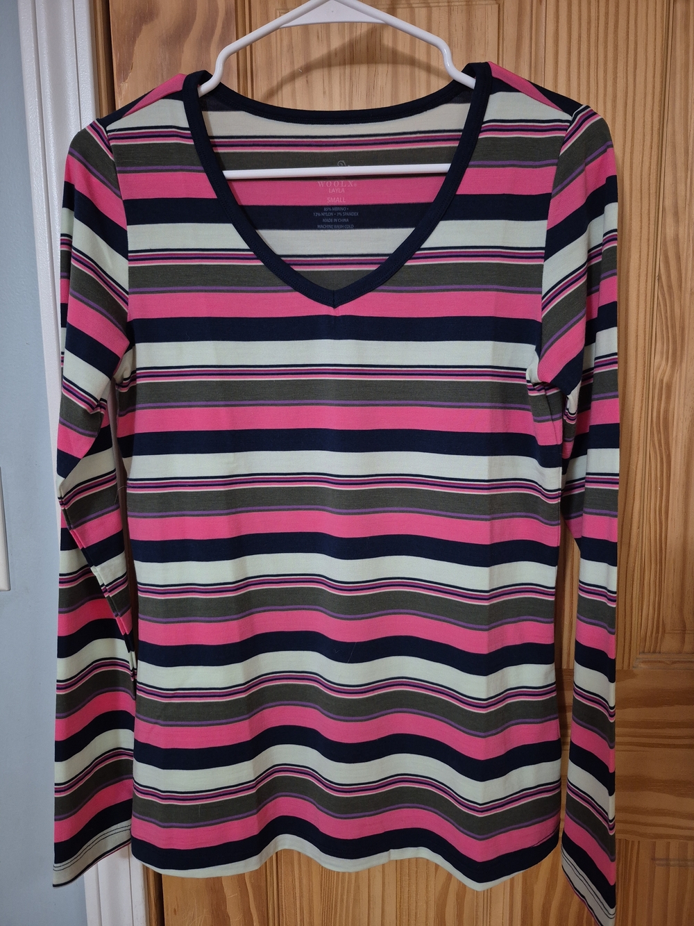 Striped V-Neck Long Sleeve Top - Pink, Navy & Cream